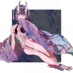 Rule 34 | 1girl, ankle ribbon, bob cut, breasts, clothes down, dareka shira, fang, fate/grand order, fate (series), full body, hand to own mouth, headpiece, highres, horns, japanese clothes, kimono, leg ribbon, looking at viewer, navel, oni, open mouth, purple eyes, purple hair, purple kimono, revealing clothes, ribbon, short eyebrows, short hair, shuten douji (fate), shuten douji (first ascension) (fate), skin-covered horns, sleeves past fingers, sleeves past wrists, small breasts, smile, square