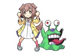 Rule 34 | digimon, digimon (creature), dog girl, numemon, open mouth, red eyes, simple background, teeth, tongue, tongue out, white background