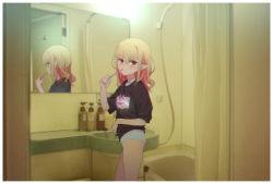 Rule 34 | 1girl, bathroom, bathtub, black sweater, blush, border, brushing teeth, commentary, feet out of frame, grey hair, hair down, highres, indoors, long hair, looking at viewer, makaino ririmu, mirror, multicolored hair, nijisanji, no pants, panties, pink hair, pointy ears, red eyes, reflection, sabamen, shower curtain, shower head, sink, solo, sweater, toothbrush, toothbrush in mouth, two-tone hair, underwear, virtual youtuber, white border