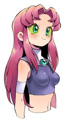 Rule 34 | 1girl, aqua eyes, armband, bare shoulders, blush, breasts, colored sclera, cropped torso, dc comics, gem, green sclera, highres, long hair, midriff, navel, oyatsu (mk2), parted bangs, red hair, simple background, sleeveless, small breasts, smile, solo, starfire, teen titans, thick eyebrows, white background
