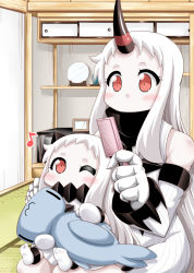 Rule 34 | 10s, 2girls, abyssal ship, bare shoulders, blush, comb, commentary request, contemporary, dress, hammerhead shark, horns, kantai collection, long hair, mittens, multiple girls, musical note, northern ocean princess, one eye closed, quaver, seaport princess, single horn, sitting, sitting on lap, sitting on person, white dress, white hair, yamato nadeshiko
