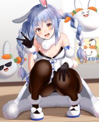 Rule 34 | &gt; &lt;, 1girl, :d, absurdres, animal ear fluff, animal ears, bare shoulders, black gloves, black leotard, blue hair, blue ribbon, blurry, blurry background, blush, bow, braid, breasts, brown pantyhose, carrot, carrot hair ornament, commentary request, depth of field, detached sleeves, don-chan (usada pekora), dress, food-themed hair ornament, footwear bow, fur-trimmed dress, fur-trimmed gloves, fur scarf, fur trim, gloves, gradient eyes, hair bow, hair ornament, hand on own knee, hand up, head tilt, highres, hololive, indoors, leotard, long hair, looking at viewer, multicolored eyes, multicolored hair, open mouth, orange eyes, pantyhose, pekomon (usada pekora), pom pom (clothes), puffy short sleeves, puffy sleeves, rabbit-shaped pupils, rabbit ears, rabbit girl, red eyes, ribbon, shadow, shiny skin, short dress, short eyebrows, short sleeves, sidelocks, sleeveless, sleeveless dress, small breasts, smile, squatting, strapless, strapless dress, sunglasses, symbol-shaped pupils, thick eyebrows, tojo aoi, twin braids, twintails, two-tone hair, usada pekora, usada pekora (1st costume), virtual youtuber, w, white bow, white dress, white footwear, white hair, wooden floor, yellow eyes