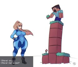 Rule 34 | 1boy, 1girl, annoyed, artist name, blonde hair, blue bodysuit, blue eyes, blue shirt, bodysuit, breasts, commentary, cuffs, english commentary, english text, fifferdraws, flower, gameplay mechanics, groin, hairband, hand on own hip, high heels, highres, holding, large breasts, leaning forward, long hair, looking at another, metroid, minecraft, nintendo, outdoors, pants, phallic symbol, samus aran, shirt, short sleeves, simple background, standing, steve (minecraft), super smash bros., thick thighs, thighs, white background, wide hips, zero suit