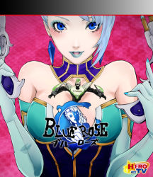 Rule 34 | 1girl, armor, atlus, bad id, bad pixiv id, bare shoulders, between breasts, blue eyes, blue hair, blue rose (tiger &amp; bunny), blush, breasts, catherine (game), character name, cleavage, cover, earrings, elbow gloves, eyelashes, fingernails over gloves, giant, giantess, gloves, gun, hat, jewelry, kaburagi t. kotetsu, karina lyle, large breasts, lipstick, makeup, mini person, miniboy, nidue, parody, person between breasts, power armor, power suit, short hair, superhero costume, tiger &amp; bunny, weapon, wild tiger