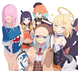 Rule 34 | 5girls, absurdres, asymmetrical gloves, bad id, bad twitter id, black dress, blonde hair, blue eyes, blue hair, blunt bangs, blush, book, breast conscious, chicken (food), chicken leg, cosplay, costume switch, detective, dress, facial hair, food, gawr gura, gawr gura (1st costume), gloves, gradient hair, hair ornament, halo, hat, highres, hololive, hololive english, holomyth, hood, hoodie, licking lips, long hair, long sleeves, looking at viewer, magnifying glass, medium hair, midriff, mori calliope, mori calliope (1st costume), multicolored hair, multiple girls, mustache, necktie, nijyuuhaku, ninomae ina&#039;nis, ninomae ina&#039;nis (1st costume), open mouth, orange hair, pink hair, plaid, plaid skirt, pointy ears, purple hair, red neckwear, shirt, sidelocks, silver hair, simple background, skirt, smile, spikes, strapless, strapless dress, streaked hair, takanashi kiara, takanashi kiara (1st costume), tentacle hair, tentacles, tiara, tongue, tongue out, two side up, uneven gloves, veil, virtual youtuber, watson amelia, watson amelia (1st costume), white background, white shirt, wide sleeves