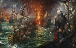 Rule 34 | 1boy, assassin&#039;s creed, assassin&#039;s creed (series), assassin&#039;s creed iv: black flag, edward kenway, fire, flag, hood, jacket, long hair, male focus, ocean, pants, pirate, rope, ship, solo, water, watercraft