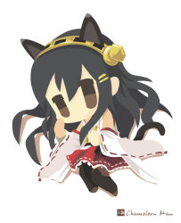 Rule 34 | 10s, 1girl, animal ears, artist name, bad id, bad pixiv id, black hair, brown eyes, cat ears, cat tail, chameleon man (three), chibi, detached sleeves, flat color, hair ornament, hairband, hairclip, haruna (kancolle), kantai collection, kemonomimi mode, long hair, looking at viewer, lying, no lineart, nontraditional miko, ribbon-trimmed sleeves, ribbon trim, simple background, solo, tail, thighhighs, white background