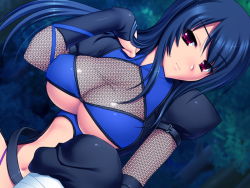 Rule 34 | 1girl, blue hair, breasts, cleavage, cleavage cutout, clothing cutout, dutch angle, female focus, fishnet top, fishnets, forest, from below, game cg, hand up, japanese clothes, kunoichi, kunoichi sanshimai ichi no maki - inbou sanshimai genzan!, large breasts, light smile, long hair, looking at viewer, nature, navel, outdoors, puffy short sleeves, puffy sleeves, red eyes, short sleeves, sitting, smile, solo, tree, u-me soft, underboob, upper body