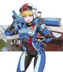 Rule 34 | 1girl, absurdres, animification, apex legends, armor, black bodysuit, blonde hair, blue bodysuit, bodysuit, breastplate, finger gun, goggles, goggles on headwear, hand on own hip, helmet, highres, looking at viewer, official alternate costume, open mouth, pope (user vuza2542), smile, solo, two-tone bodysuit, wattson (apex legends), white headwear, wired for speed wattson, world&#039;s edge