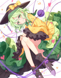 Rule 34 | 1girl, black footwear, black hat, blush, boots, bow, commentary request, feet out of frame, frilled shirt collar, frilled sleeves, frills, green eyes, green hair, green skirt, hair between eyes, hat, hat bow, heart, heart of string, high heel boots, high heels, knees up, komeiji koishi, konnyaku (yuukachan 51), long sleeves, looking at viewer, parted lips, petticoat, shirt, short hair, simple background, skirt, sleeves past wrists, smile, solo, thighs, third eye, touhou, white background, wide sleeves, yellow bow, yellow shirt