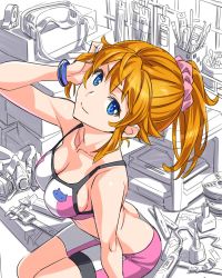 Rule 34 | 1girl, adjusting hair, ass, blue eyes, breasts, butt crack, cleavage, commentary, commentary request, downpants, gundam, gundam build fighters, gundam build fighters try, hair ornament, highres, hoshino fumina, jewelry, long hair, looking at viewer, no bra, ponytail, shorts, sitting, smile, solo, suzutsuki kurara