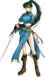 Rule 34 | 1girl, boots, china dress, chinese clothes, dress, fingerless gloves, fire emblem, fire emblem: the blazing blade, full body, gloves, green eyes, green hair, holding, holding sword, holding weapon, izuka daisuke, long hair, looking at viewer, lyn (fire emblem), matching hair/eyes, nintendo, official art, pelvic curtain, ponytail, simple background, smile, solo, sword, very long hair, weapon, white background