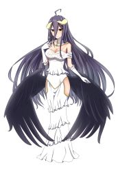 Rule 34 | 1girl, absurdres, ahoge, albedo (overlord), bad id, bad pixiv id, bare shoulders, bencao gangmu (19), black hair, black wings, breasts, demon girl, demon horns, dress, full body, gloves, hand on own shoulder, highres, hip vent, horns, large breasts, long hair, looking at viewer, overlord (maruyama), very long hair, white dress, white gloves, wings, yellow eyes