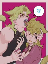 Rule 34 | 2boys, animal ears, black leotard, black nails, blonde hair, blue lips, braid, cat boy, cat ears, cat tail, claws, commentary, dio brando, english commentary, fangs, father and son, flying sweatdrops, giorno giovanna, honlo, jacket, jewelry, jojo no kimyou na bouken, leotard, licking, long hair, long sleeves, looking to the side, male focus, multiple boys, muscular, muscular male, one eye closed, pink jacket, red eyes, spoken flying sweatdrops, sweatdrop, tail, tongue, tongue out, vento aureo, yellow lips