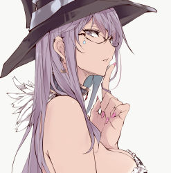 Rule 34 | 1girl, bare shoulders, breasts, commentary request, finger to mouth, from side, glasses, hat, highres, index finger raised, large breasts, long hair, looking at viewer, nail polish, original, purple eyes, purple hair, shushing, sideboob, simple background, solo, tan, touma kisa, tsurime, white background, witch hat