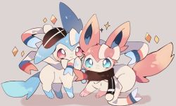 Rule 34 | :3, alternate color, blue eyes, blush, brown scarf, closed mouth, clothed pokemon, commentary request, creatures (company), game freak, gen 6 pokemon, grey background, hat, highres, nintendo, no humans, pokemon, pokemon (creature), scarf, shiny and normal, shiny pokemon, smile, standing, sylveon, tam o&#039; shanter, toes, yupo 0322