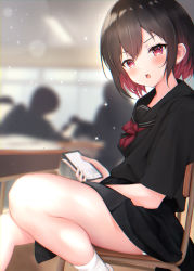 Rule 34 | 1girl, absurdres, bad id, bad pixiv id, black hair, black sailor collar, black serafuku, black skirt, blush, cellphone, classroom, commentary request, highres, holding, holding phone, indoors, kazanock, legs, looking at viewer, multicolored hair, open mouth, original, panties, phone, red eyes, red hair, sailor collar, school uniform, serafuku, short hair, short sleeves, skirt, solo focus, thighs, two-tone hair, underwear, white panties