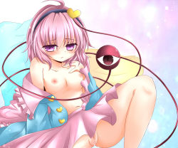 Rule 34 | 1girl, blush, breasts, female focus, hairband, hand on own shoulder, heart, highres, komeiji satori, navel, ncatabc, nipples, no panties, open clothes, open shirt, pink hair, purple eyes, pussy, pussy juice, shirt, short hair, skirt, small breasts, solo, spread legs, third eye, touhou