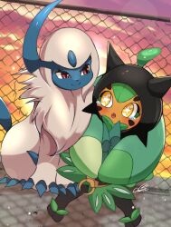 Rule 34 | :o, absol, absurdres, animal focus, blush, chain-link fence, claws, commentary request, creatures (company), fangs, fence, game freak, gen 3 pokemon, highres, horns, lop shauntal2, mane, nintendo, no humans, ogerpon, pokemon, pokemon (creature), red eyes, single horn, sitting, smile, star-shaped pupils, star (symbol), symbol-shaped pupils, tail, tears, white fur