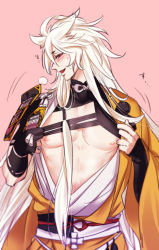Rule 34 | 10s, 1boy, armor, bad id, bad pixiv id, blush, breath, come hither, fang, hair tubes, igote, japanese armor, japanese clothes, kogitsunemaru, looking at viewer, male focus, messy hair, nipples, open mouth, pink background, shoulder armor, simple background, smile, sode, solo, touken ranbu, white hair, yano (404878)