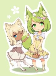 Rule 34 | 2girls, :t, animal ear fluff, animal ears, apron, blonde hair, blue eyes, brown footwear, capelet, cat ears, cat tail, closed mouth, contrapposto, dark-skinned female, dark skin, dress, flower, fox ears, fox tail, green background, green fox (sasaame), hair flower, hair ornament, holding, hugging another&#039;s tail, hugging tail, looking at viewer, multiple girls, one eye closed, original, outline, pantyhose, picnic basket, pink flower, sasaame, shoes, smile, socks, tail, waist apron, white capelet, white dress, white legwear, white outline, yellow dress, yellow legwear