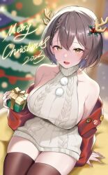 Rule 34 | 1girl, :d, absurdres, alternate costume, arm support, azur lane, baltimore (azur lane), bare shoulders, black thighhighs, box, braid, breasts, brown hair, christmas, christmas present, christmas tree, collarbone, commentary, cowboy shot, dress, fake antlers, french braid, gift, gift box, grey sweater, hair between eyes, hair ornament, highres, holding, holding gift, holly hair ornament, jacket, large breasts, looking at viewer, merry christmas, off shoulder, open mouth, oxygen mask (oxygenmask233), red jacket, short hair, sideboob, sidelocks, sitting, skindentation, smile, solo, sweater, sweater dress, teeth, thighhighs, upper teeth only, yellow eyes, zettai ryouiki