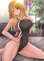 Rule 34 | 1girl, aga marino, bad id, bad twitter id, bare arms, bare shoulders, black one-piece swimsuit, blonde hair, blurry, blurry background, blush, breasts, closed mouth, competition swimsuit, covered navel, hair between eyes, highleg, highleg swimsuit, idolmaster, idolmaster shiny colors, indoors, izumi mei, large breasts, long hair, looking at viewer, one-piece swimsuit, plant, smile, solo, swimsuit, thighs