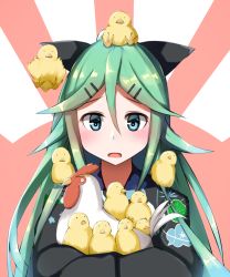 Rule 34 | 10s, 1girl, alternate costume, animal, bad id, bad pixiv id, bird, blue eyes, blush, chick, chicken, commentary request, green eyes, green hair, hair between eyes, hair ornament, hair ribbon, hairclip, highres, japanese clothes, kantai collection, kimono, lerche, long hair, looking at viewer, on head, open mouth, ribbon, rooster, sitting, sitting on head, sitting on person, sweatdrop, upper body, yamakaze (kancolle), yukata