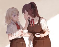 Rule 34 | 2girls, apron, blonde hair, blue eyes, blush, braid, braided bangs, breasts, brown apron, brown hair, closed eyes, coffee, collared shirt, commentary request, cup, g36 (girls&#039; frontline), g36 (mod3) (girls&#039; frontline), girls&#039; frontline, hair between eyes, hair ribbon, hair rings, holding, holding cup, imoko (imonatsuki), large breasts, long hair, medium breasts, multiple girls, neck ribbon, ponytail, red ribbon, rejected kiss, ribbon, shirt, short hair, sidelocks, sleeves rolled up, springfield (girls&#039; frontline), teacup, very long hair, waitress, white shirt, yuri