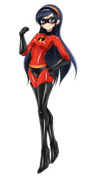 Rule 34 | 1girl, absurdres, black footwear, black gloves, black hair, bodysuit, boots, breasts, disney, domino mask, gloves, hairband, high heel boots, high heels, highres, long hair, mask, shoukin500, skin tight, small breasts, the incredibles, thigh boots, thighhighs, violet parr