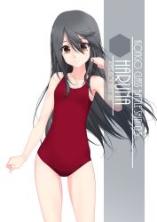 Rule 34 | 1girl, alternate breast size, artist name, black hair, brown eyes, character name, collarbone, cowboy shot, flat chest, haruna (kancolle), highres, inaba shiki, kantai collection, long hair, looking at viewer, one-piece swimsuit, red one-piece swimsuit, simple background, solo, standing, swimsuit, white background