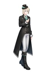 Rule 34 | 1boy, alternate costume, aqua ascot, aqua eyes, aqua flower, aqua rose, arm at side, ascot, belt, black belt, black coat, black footwear, black hat, black ribbon, blonde hair, boots, brooch, bungou to alchemist, buttons, closed mouth, coat, collared shirt, cross-laced footwear, curtained hair, flower, frilled sleeves, frills, full body, hair between eyes, hair over shoulder, hair ribbon, hand on own chest, hat, hat flower, jewelry, lace-trimmed sleeves, lace-up boots, lace trim, lev tolstoy (bungou to alchemist), long sleeves, looking at viewer, low ponytail, male focus, medium hair, mini hat, mini top hat, official art, pants, plaid, plaid coat, ribbon, rose, shirt, sleeve cuffs, smile, solo, standing, third-party source, top hat, transparent background, white pants, white shirt