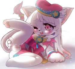Rule 34 | 1girl, artist request, cat, cat busters, censored, furry, furry female, hat, long hair, myaruru (cat busters), pink eyes, pussy, solo, white hair