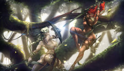 Rule 34 | 2girls, aqua eyes, arm behind back, armband, arms up, ass, back, bad id, bad pixiv id, bare back, barefoot, bikini, blonde hair, blue eyes, bodypaint, bouncing breasts, braid, breasts, curvy, dagger, dappled sunlight, dark-skinned female, dark skin, elf, facepaint, feather hair ornament, feathers, fighting, floating hair, forest, glint, gloves, hair between eyes, hair ornament, highres, holding, holding sword, holding weapon, huge breasts, jumping, knee up, knife, large breasts, leaf, light particles, light rays, lips, loincloth, looking at another, michael.r, michael rain, moss, multiple girls, nature, navel, o-ring, o-ring bikini, original, outdoors, pale skin, plant, pointy ears, red eyes, red hair, scabbard, sheath, sheathed, shield, shuriken, single braid, smile, strap gap, string bikini, sunbeam, sunlight, swimsuit, sword, thigh strap, toned, tree, tribal, two-handed, unsheathed, vines, weapon, white bikini, wide hips, wristband