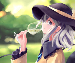 1girl black_hat buttons closed_mouth commentary cup diamond_button drinking drinking_glass frilled_sleeves frills green_eyes green_hair hat hat_ribbon holding holding_cup komeiji_koishi long_sleeves looking_at_viewer ribbon shirt sideways_glance smile solo tbonjobi_(sukemasa) touhou wine_glass yellow_ribbon yellow_shirt