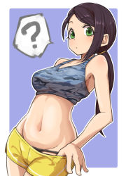 Rule 34 | 10s, 1girl, ?, bare shoulders, black hair, black panties, breasts, camouflage, camouflage shirt, closed mouth, clothes pull, commentary request, gazacy (dai), green eyes, hair tie, highres, idolmaster, idolmaster cinderella girls, large breasts, long hair, looking at viewer, navel, panties, ponytail, pulling own clothes, shirt, short shorts, shorts, shorts pull, solo, sports bra, standing, stomach, underwear, yamato aki, yellow shorts