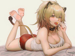 Rule 34 | 1girl, absurdres, animal ears, arknights, ass, bare arms, bare legs, bare shoulders, barefoot, black choker, black nails, blonde hair, breasts, candy, choker, cleavage, commentary, constant qiu, dated, food, hair between eyes, hand up, highres, holding, holding food, large breasts, lion ears, lion tail, lollipop, long hair, looking at viewer, lying, midriff, nail polish, on stomach, open mouth, red shorts, short shorts, shorts, siege (arknights), simple background, solo, tail, tank top, the pose, thighs, white tank top, yellow eyes