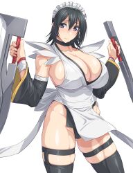 Rule 34 | 1girl, apron, black hair, black thighhighs, blade, blue eyes, blush, breasts, butterfly swords, choker, cleavage, flipped hair, frilled leotard, frills, hair ornament, highres, huge breasts, iroha (samurai spirits), japanese clothes, lace-trimmed apron, lace trim, leotard, looking at viewer, maid, maid headdress, maid leotard, multiple swords, ozaneko, samurai spirits, short hair, smile, snk, solo, thighhighs, thighs, unconventional maid, weapon
