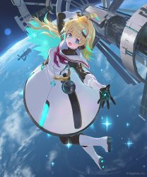 Rule 34 | 1girl, ahoge, blonde hair, blue eyes, commentary request, dress, fang, full body, hair ornament, long hair, looking at viewer, multicolored hair, official art, open mouth, planet, ponzu (catponz), reaching, reaching towards viewer, shadowverse, solo, space, space station, sparkle