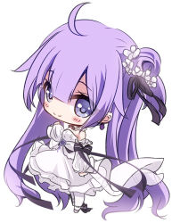 Rule 34 | 1girl, ahoge, azur lane, bare shoulders, black bow, black ribbon, blue eyes, blush, bow, chibi, closed mouth, detached sleeves, dress, flower, full body, hair between eyes, hair bun, hair flower, hair ornament, hair ribbon, long hair, long sleeves, looking at viewer, pantyhose, puffy long sleeves, puffy sleeves, purple hair, ribbon, side bun, simple background, single hair bun, single side bun, sleeves past wrists, smile, solo, standing, strapless, strapless dress, sukireto, twintails, unicorn (a dream of pure vows) (azur lane), unicorn (azur lane), very long hair, wedding dress, white background, white dress, white flower, white pantyhose, white sleeves