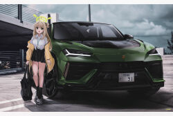 Rule 34 | 1girl, absurdres, bag, blonde hair, blue archive, car, cloud, cloudy sky, collared shirt, full body, green eyes, hair bun, halo, highres, holding, holding bag, id card, jacket, lamborghini, lamborghini urus, lanyard, license plate, long hair, looking at viewer, motor vehicle, nonomi (blue archive), nougat (73r1r1), open clothes, open jacket, outdoors, plaid, plaid skirt, pleated skirt, shirt, shoes, single hair bun, single side bun, skirt, sky, sneakers, solo, sports car, sports utility vehicle, standing, vehicle focus, white shirt, yellow jacket