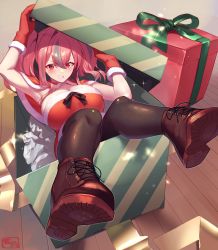 Rule 34 | 1girl, armpits, arms up, azur lane, black pantyhose, blush, box, breasts, bremerton (azur lane), brown footwear, capelet, christmas, cleavage, collarbone, commentary, dress, evil smile, full body, fur-trimmed capelet, fur-trimmed dress, fur-trimmed gloves, fur trim, gift, gift box, gloves, grey hair, grin, hair between eyes, hair intakes, hair ornament, in box, in container, ink hair, large breasts, long hair, looking at viewer, mole, mole on breast, mole under eye, multicolored hair, pantyhose, pink eyes, red capelet, red dress, red gloves, santa costume, shimotsuki shio, shoes, sidelocks, signature, smile, smug, solo, strapless, strapless dress, streaked hair, teeth, twintails, two-tone hair, wooden floor