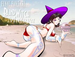Rule 34 | 1girl, ass, beach, bikini, black hair, blind, breasts, brown hair, character name, copyright name, crystal ball, day, closed eyes, female focus, final fantasy, final fantasy i, hat, lying, matoya, multicolored hair, nature, outdoors, red bikini, sky, solo, swimsuit, tattoo, two-tone hair, witch, witch hat, young wang