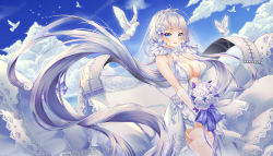 Rule 34 | 1girl, ahoge, alternate costume, armpits, azur lane, bird, blue eyes, blue sky, blurry, bouquet, breasts, bridal veil, cleavage, cloud, commentary, day, dove, dress, elbow gloves, flight deck, floating hair, flower, garter straps, gloves, hair ornament, highres, holding, holding bouquet, illustrious (azur lane), lace, lace-trimmed dress, lace trim, large breasts, long hair, looking at viewer, low twintails, mellozzo, mole, mole under eye, no bra, ocean, open mouth, revision, rose, sidelocks, skindentation, sky, smile, solo, standing, symbol-only commentary, thigh strap, tiara, twintails, veil, waves, wedding dress, white dress, white flower, white gloves, white hair, white legwear, white rose, wind, wind lift