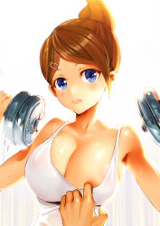 Rule 34 | 10s, 1girl, arms up, asahina aoi, bad id, bad pixiv id, blue eyes, blush, breasts, brown hair, clare (543), cleavage, danganronpa: trigger happy havoc, danganronpa (series), dark-skinned female, dark skin, dumbbell, large breasts, open mouth, ponytail, short hair, tank top