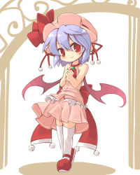 Rule 34 | 1girl, bad id, bad pixiv id, bare shoulders, bat wings, female focus, full body, hat, hat ribbon, light purple hair, lowres, mary janes, red eyes, remilia scarlet, ribbon, shoes, smile, solo, standing, touhou, tsukino-p, white background, wings