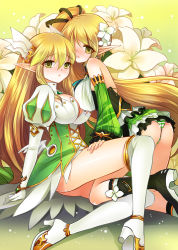 Rule 34 | 2girls, blonde hair, blush, boots, breasts, dual persona, elf, elsword, flower, frills, full body, gloves, grand archer (elsword), green eyes, hair flower, hair ornament, hairpin, knee boots, kokutou mimi, large breasts, leg between thighs, lily (flower), long hair, multiple girls, panties, pointy ears, ponytail, puffy sleeves, rena erindel, shy, side ponytail, sitting, skirt, striped clothes, striped panties, thigh boots, thighhighs, underwear, white legwear, wind sneaker (elsword)