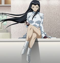 Rule 34 | 00s, 1girl, aqua eyes, black hair, breasts, earrings, highres, ikkitousen, japanese clothes, jewelry, kakouen myousai, large breasts, crossed legs, long hair, single earring, sitting, solo, stitched, third-party edit