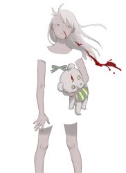 Rule 34 | 1girl, bare legs, blood, dress, excessive nosebleed, expressionless, floating hair, holding, holding stuffed toy, limited palette, long hair, looking to the side, no eyebrows, nosebleed, original, puffy short sleeves, puffy sleeves, ribbon, shokugyo, short sleeves, simple background, solo, split mouth, stuffed animal, stuffed toy, swept bangs, teddy bear, white background, white dress, white theme, wind