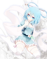 Rule 34 | 1girl, absurdres, aqua dress, bad id, bad pixiv id, blue dress, blue eyes, blue hair, blush, breasts, dress, female focus, finger in own mouth, flower, frilled skirt, frills, hair ornament, hair rings, hair stick, highres, kaku seiga, looking at viewer, matching hair/eyes, no shoes, oouso, sash, shawl, short hair, sitting, skindentation, skirt, small breasts, smile, solo, thighhighs, touhou, vest, wariza, white thighhighs